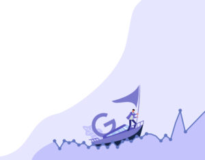 A boat floating on a chart that has the Google G on it