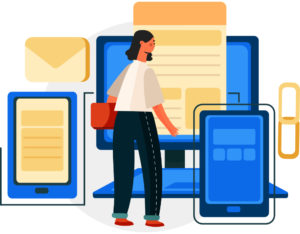 Concept art of a woman looking at a webpage, tablet, phone and email.