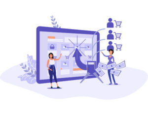 PPC concept drawing of two women clicking a web link