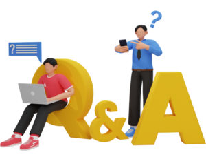 A 3d Q and A with two people one on a computer asking a question and one answering.